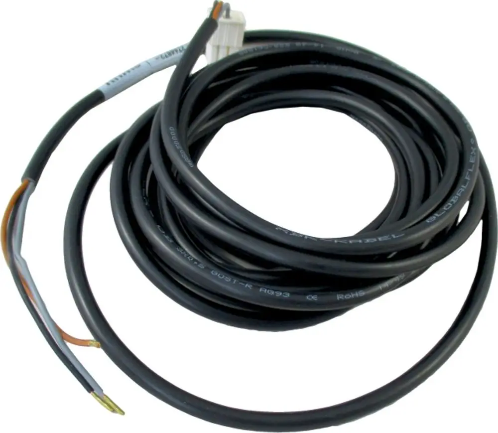 Schwarzes Kabel mit mehreren Adern, darunter zwei farbige Drähte, zur Verbindung von Komponenten, geeignet für Wolf Produkte wie das Dreiwege-Ventil.
